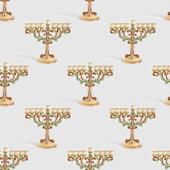 Seamless pattern with Hanukkah Menorah on white background. Holiday background..