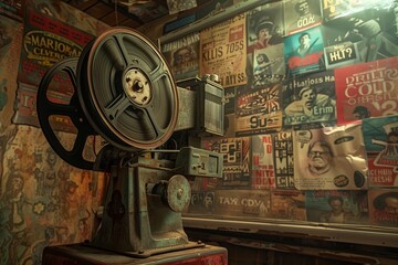 Obraz premium Vintage Film Projector Amidst Retro Posters 