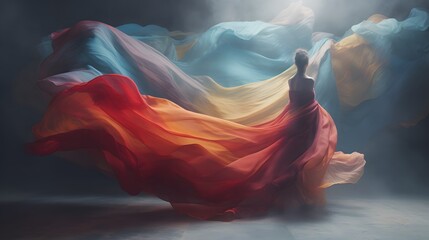 femme dans une immense robe coloré dansant dans le vent  généré par IA	
