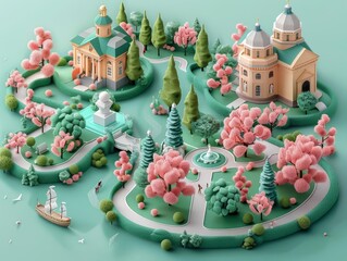 Create a whimsical diorama of a park with a cherry blossom tree, a fountain, and a walking path