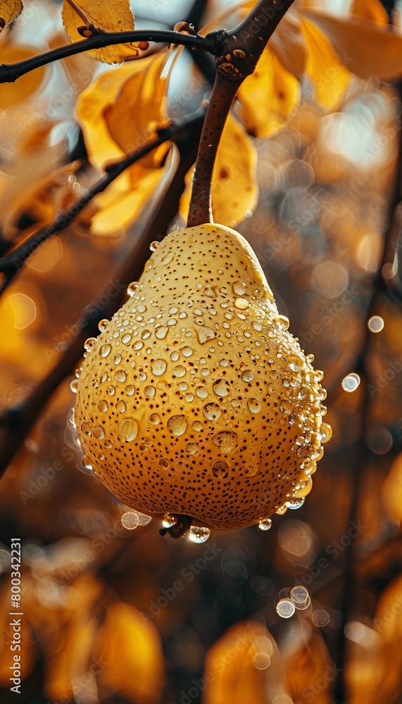 Aufkleber macro close up of fresh pear with dew drops as wide banner on tree, ideal for text placement