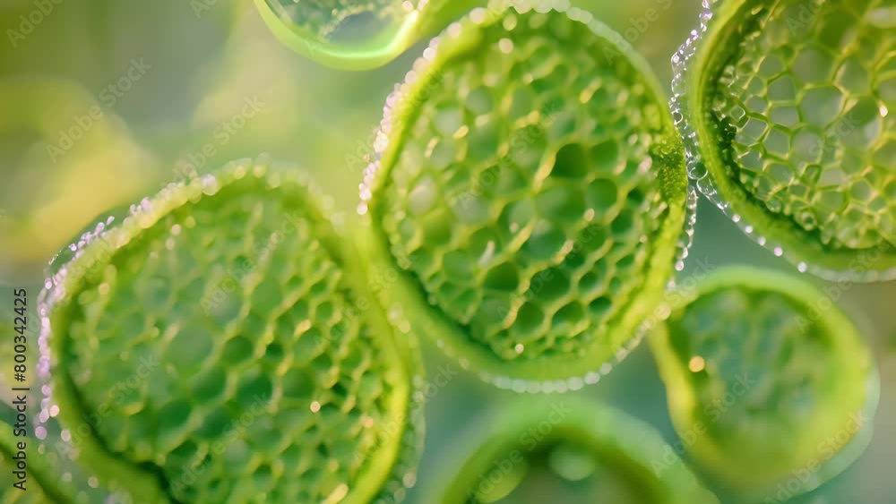 Poster a closeup shot of green microalgae cells on a microscope slide highlighting their unique shape and s