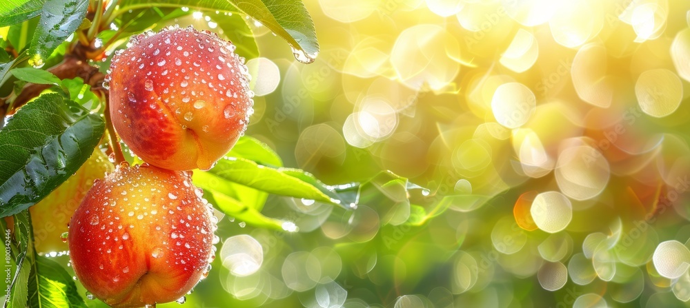 Poster macro close up of juicy peach with dew drops on tree branch as wide banner with space for text