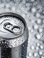 Aluminum can with water drops on white background