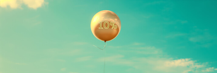 A shiny golden balloon with 10% off imprint floats under a serene blue sky, symbolizing discounts and savings