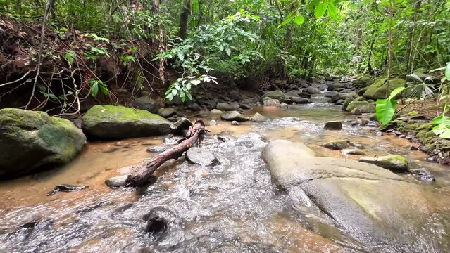 Gentle tracking shot through a picturesque river with majestic waterfall and large stones 4K resolution