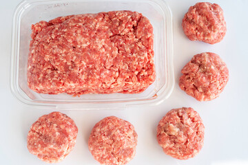 Ground beef and cutlets for barbecue on white background.