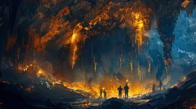 Craft an image depicting men exploring a hidden paradise cave