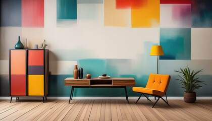 Interior of living room with sofa, lamp and colorful wall painting