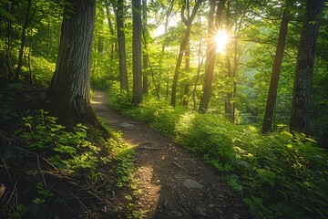 A scenic hiking trail winding through lush green forest, with sunlight filtering through the canopy and dappling the forest floor, as hikers explore nature's beauty on a sunny summer day.