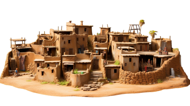 Intricately designed clay model of a village, showcasing miniature houses, streets, and people on transparent background