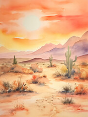Cactus in desert watercolor painting illustration. Sunset in canyon valley art for design poster, greeting card, banner, wedding invitation