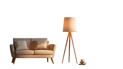 A lamp casts a warm glow over a modern couch in a stylish living room on transparent background