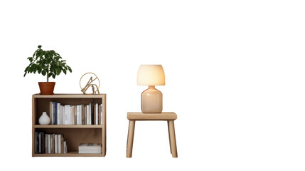 Small table with lamp illuminating book shelf on transparent background