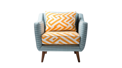 A chair with a yellow and white pillow resting on it on transparent background