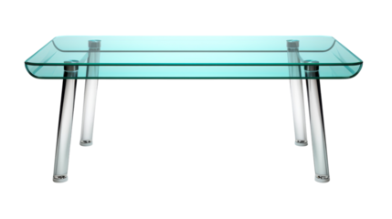 Glass table with metal legs on a stark white background on transparent background