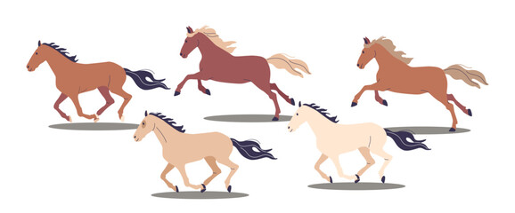 Group Of Horses Gallops Freely, Their Manes And Tails Flowing. Isolated Vector Illustration Captures Motion, Power