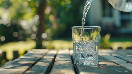 water from jug pouring into glass on wooden table outdoors