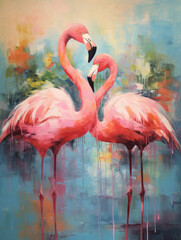 Two pink flamingos fall in love illustration art, impasto oil painting, wide brush strokes. Acryl illustration for poster, banner, print. 
