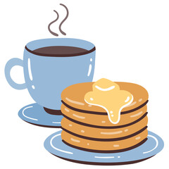 Breakfast icon. A coffee and pancakes drawing. Hand-drawn vector icon.