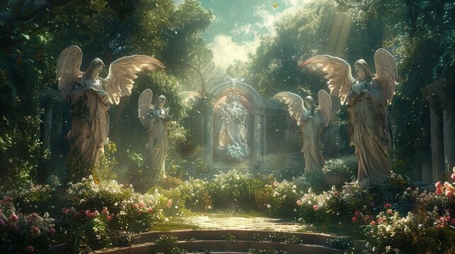 Craft an image depicting paradise where angelic guardians watch over lush gardens
