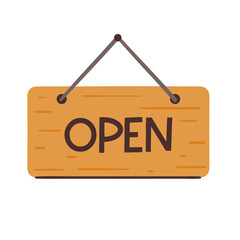 Open sign icon for business. Wooden sign. Hand-drawn vector icon.
