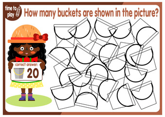 Count how many buckets are hidden in the picture. How many objects are there in the picture? Educational game for children. Colorful cartoon characters. Funny vector illustration.