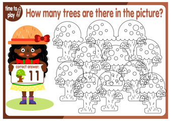 Count how many trees are hidden in the picture. How many objects are there in the picture? Educational game for children. Colorful cartoon characters. Funny vector illustration.