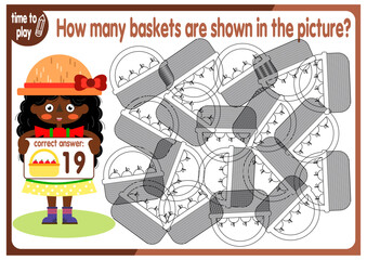 Count how many baskets are hidden in the picture. How many objects are there in the picture? Educational game for children. Colorful cartoon characters. Funny vector illustration.