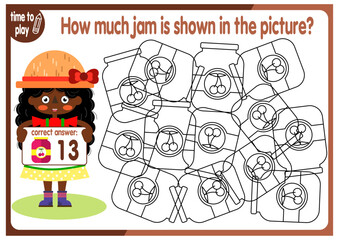 Count how many jams are hidden in the picture. How many objects are there in the picture? Educational game for children. Colorful cartoon characters. Funny vector illustration.