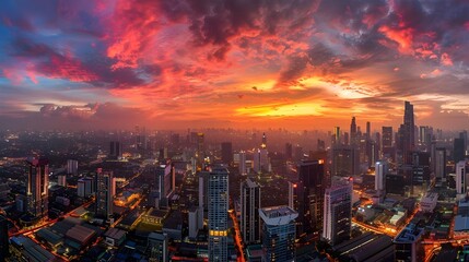 Fototapeta premium Dramatic Skyline of Bangkok's Glittering Highrise Buildings at Fiery Sunset