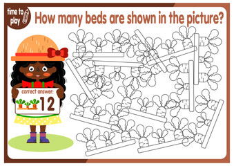 Count how many beds are hidden in the picture. How many objects are there in the picture? Educational game for children. Colorful cartoon characters. Funny vector illustration.