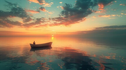 Craft an image depicting paradise where one person floats on calm waters in a small boat