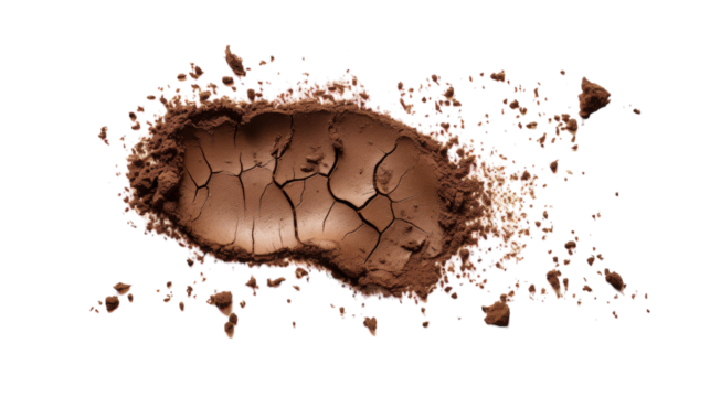 An intense close up of a velvety brown powdered eye shadow, showcasing its texture and color on transparent background