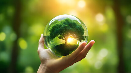 The tree is in a clear glass ball and growing tree in human hand, he concept of loving the world...