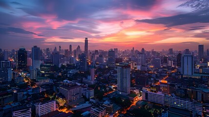 Vibrant Nighttime Cityscape of Bangkok with Towering Skyscrapers and Dramatic Sunset Glow