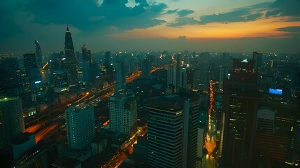 Vibrant Nighttime Skyline of Bangkok's Financial District at Sunset