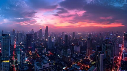 Fototapeta premium Vibrant Sunset Cityscape of Illuminated Bangkok Skyscrapers