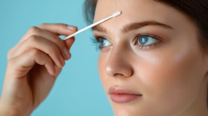   A woman closely examines her face, holding a toothbrush near her nostril