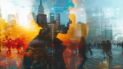 Business man investor thinking on financial exchange business investment risks management strategy on global market data world trade charts ai technology background concept. Double exposure.