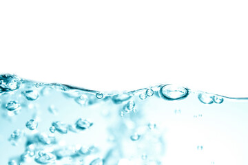 Blue water waves and bubbles on white background.