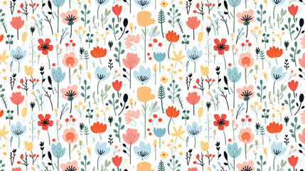 Cute seamless vector pattern with hand drawn doodle flowers and leaves