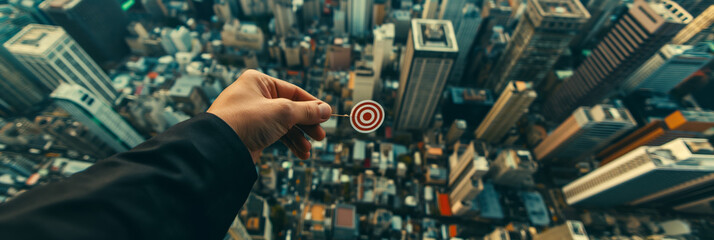 Obraz premium Outstretched hand holding a target symbol over a dizzying cityscape expressing personal goals and city ambitions