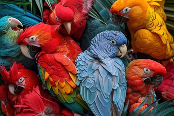A close-up composition of various tropical birds perched together, their plumage interlocking like...