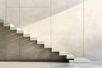 Stylish minimalist floating staircase design with clean lines and open risers for a modern interior architecture and luxurious residential structure. Featuring geometric shapes. Shadow and light play