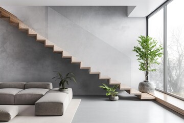 Elegant minimalist staircase with open risers in a contemporary living space, accentuated by natural light