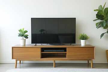 Fototapeta premium Sleek wooden tv stand with a flat-screen tv, set against a neutral wall in a minimalist interior