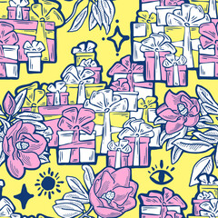 Gift box, ribbon and flowers seamless vector pattern for wrapping present with bow, party celebration, sale promotion, Textile print, fabric design, banner background. Hand drawn style illustration.