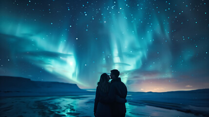 Romantic Couple Embracing under aurora light on the Beach, Family summer vacation, Outdoor Adventures, Landscape Silhouette, background,