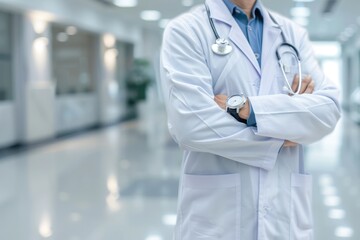 Doctor man with stethoscope on blurred hospital, Healthcare and medicine concept